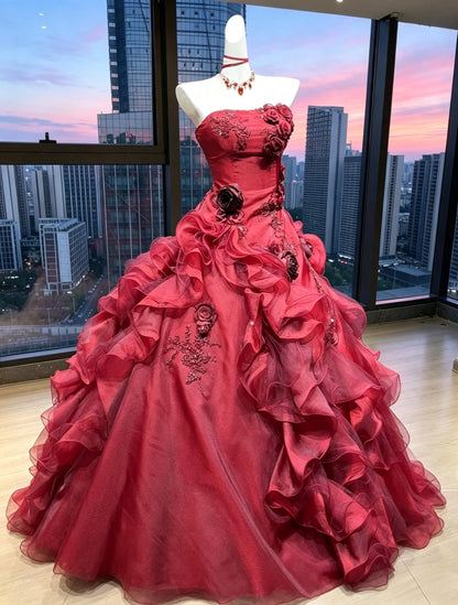 Fairy Quinceanera Dress Ball Gown Strapless Burgundy With 3D Flowers Tiered Layers Quince Dresses RC1075