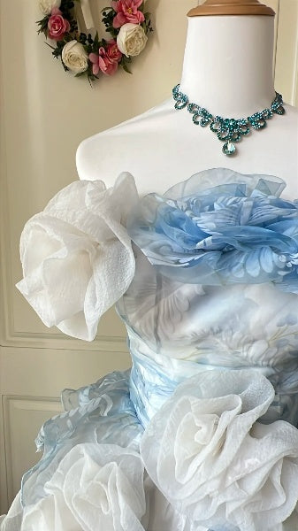 Modest Hoco Dress Ball Gown Strapless Blue Organza Flowers Homecoming Birthday Party Dress RC0414