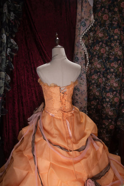 Charming Ball Gown Strapless Orange With Tiered Layers Long Quince Dress Quinceanera Dresses Formal Birthday Outfits RB8069