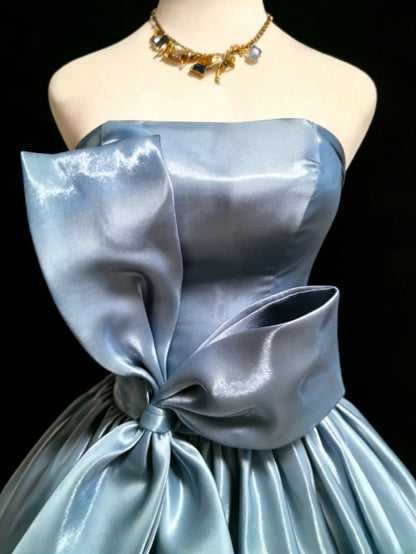Cute Ball Gown Strapless Sleeveless Blue With Bow-knot Long Quinceanera Dresses Sweet 15 16 Birthday Outfits AS045
