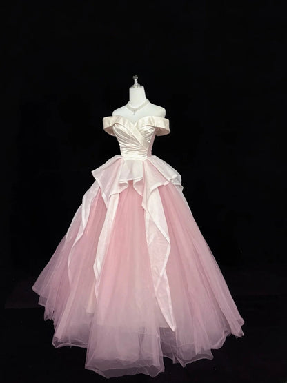 Classy Ball Gown Off The Shoulder Pink Satin With Ruffled Quince Dress Voluminous Sweet 16 Quinceanera Dresses Vestido de RB7416