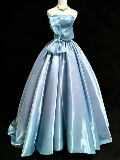 Cute Ball Gown Strapless Sleeveless Blue With Bow-knot Long Quinceanera Dresses Sweet 15 16 Birthday Outfits AS045