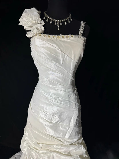 Women's Mermaid Boho Sleeveless White Lace Pleated Satin Long Vintage Fitted 70s Wedding Dresses AS045