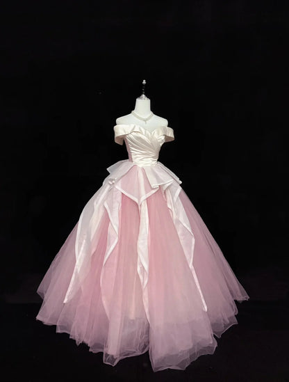 Classy Ball Gown Off The Shoulder Pink Satin With Ruffled Quince Dress Voluminous Sweet 16 Quinceanera Dresses Vestido de RB7416