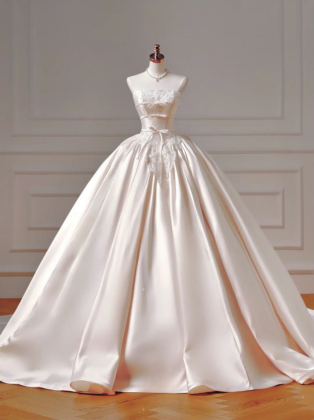 Princess Long Wedding Gowns Ball Gown Strapless Sleeveless Satin For Bride With Lace Appliques Train Bridal Dresses AQ045