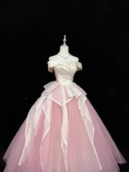 Classy Ball Gown Off The Shoulder Pink Satin With Ruffled Quince Dress Voluminous Sweet 16 Quinceanera Dresses Vestido de RB7416