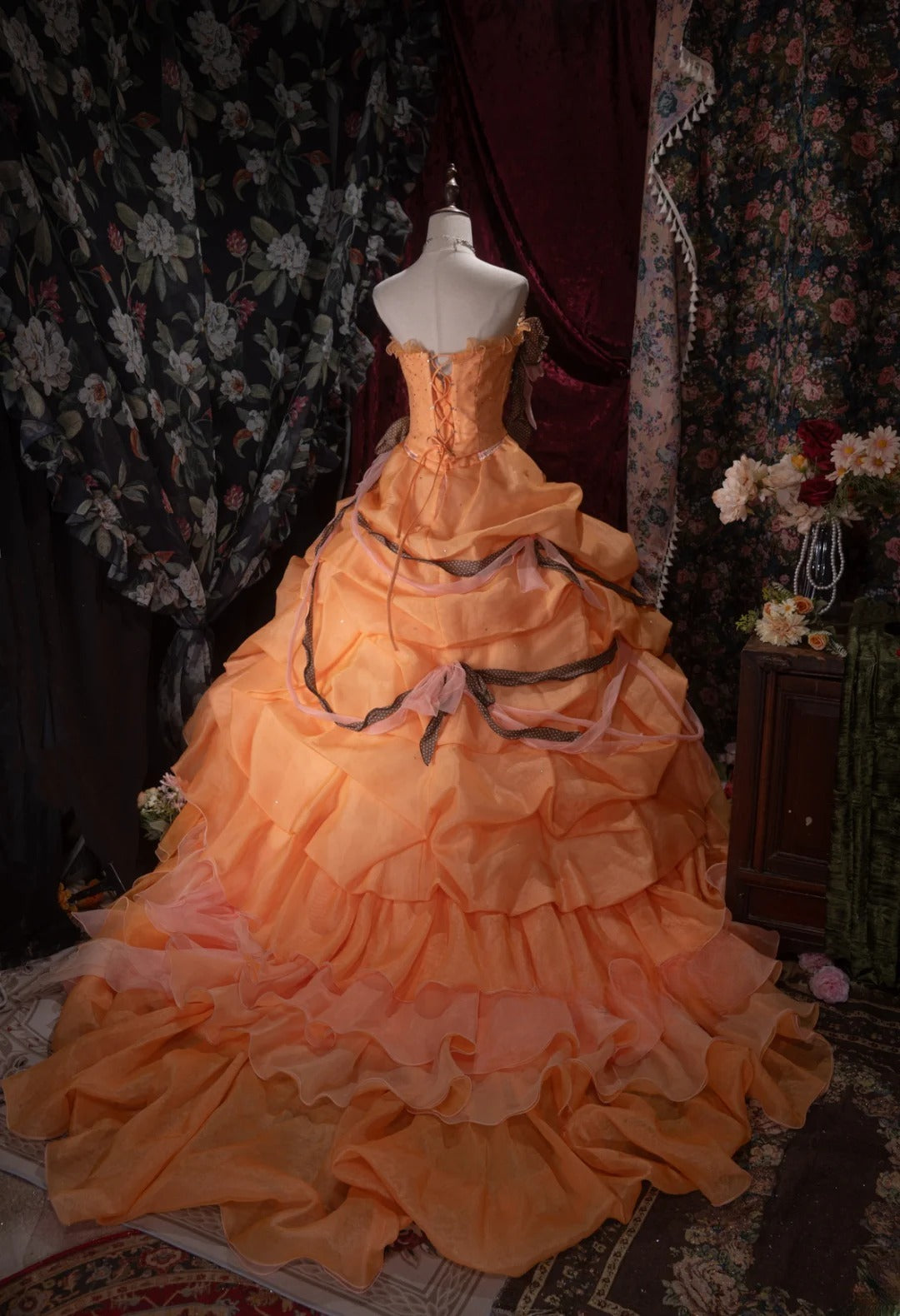 Charming Ball Gown Strapless Orange With Tiered Layers Long Quince Dress Quinceanera Dresses Formal Birthday Outfits RB8069
