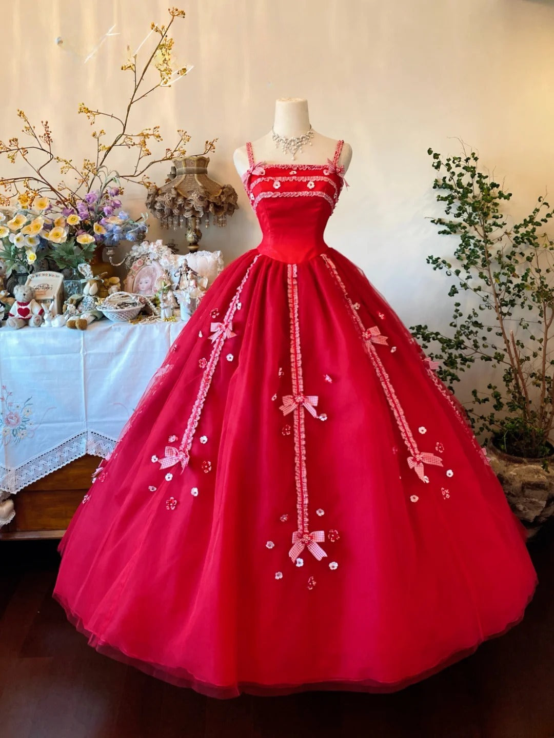 Tulle Prom Dress Long Ball Gown Straps Red With Flowers Formal Graduation Gown RB9037