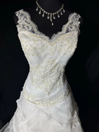 Rustic Long Wedding Gowns 70s Unique Ball Gown V Neckline Bohemian Style for Bride With Lace Fitted Petite/Plus Size Bridal Gown AS046