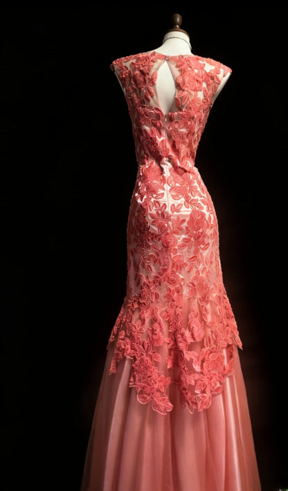 Sexy Mermaid Bateau Neck Coral Tulle Sleeveless For Women Long Prom Dresses Senior High School 21st Birthday Outfits AS046