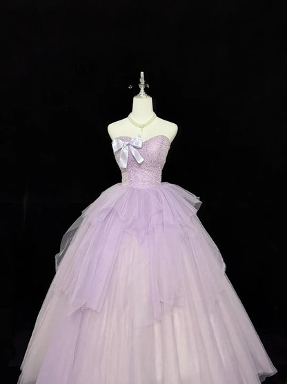Sweet Ball Gown Sweetheart Lilac With Bow Beading Tulle Quince Dress Voluminous Sweet 16 Sweet Sixteen Outfits Vestido de RB7417