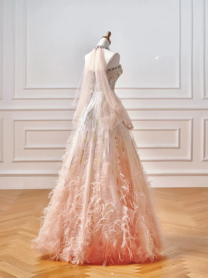 Sparkly Prom Dresses Aesthetic Ball Gown Sweetheart Ombre Pink With Beads Feathers Inspo Impress Long Party Formal Gown For Teenagers High Schools AQ046