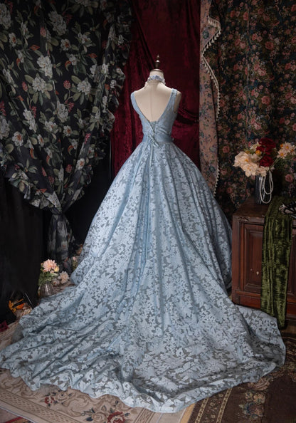 Fairytale Ball Gown V Neck Blue Lace With Bow Long Prom Dresses Formal Outfit Evening Night Dress RB8070