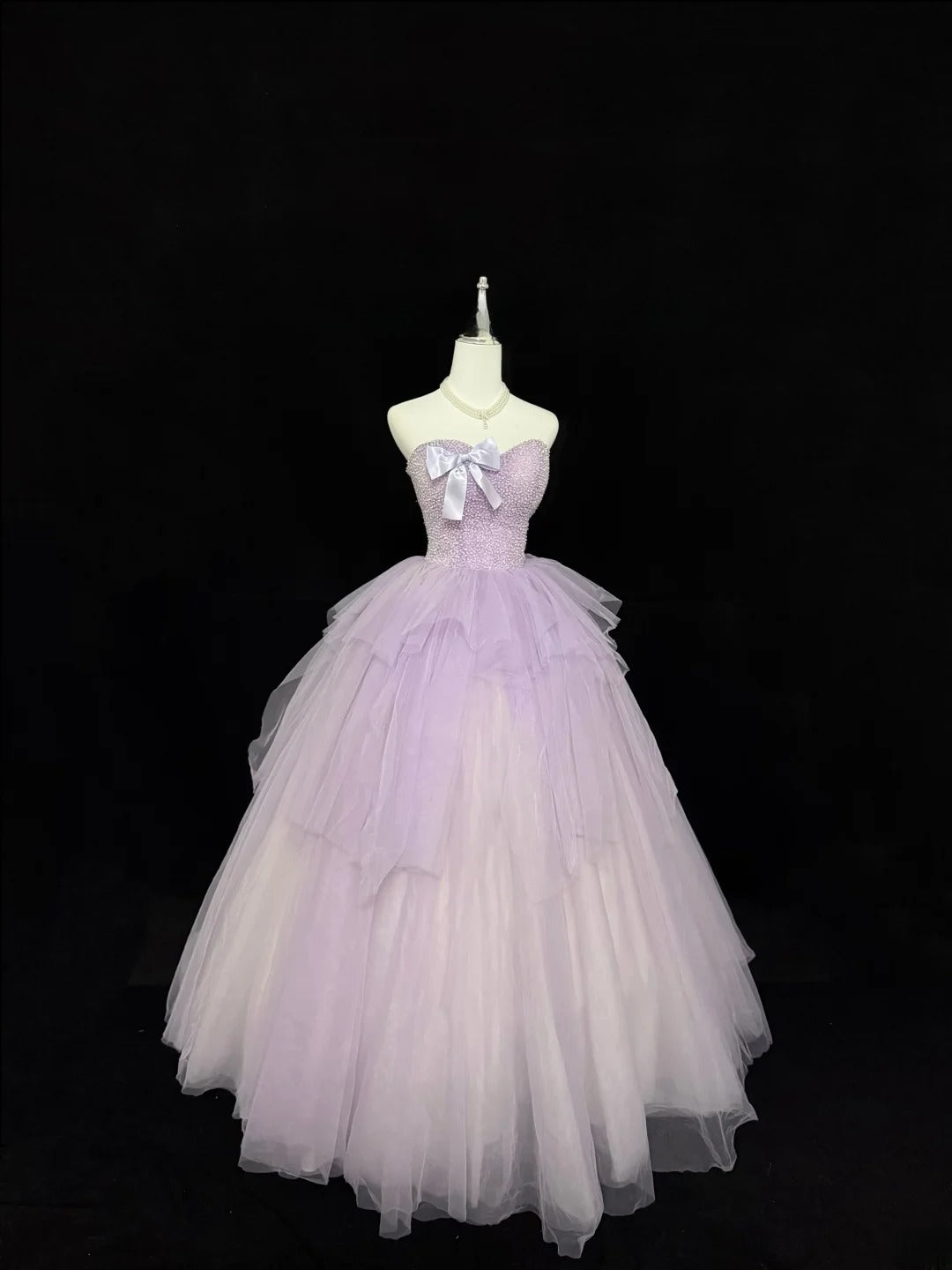 Sweet Ball Gown Sweetheart Lilac With Bow Beading Tulle Quince Dress Voluminous Sweet 16 Sweet Sixteen Outfits Vestido de RB7417