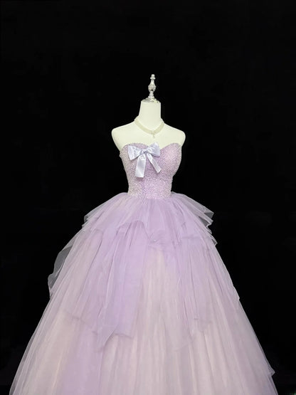 Sweet Ball Gown Sweetheart Lilac With Bow Beading Tulle Quince Dress Voluminous Sweet 16 Sweet Sixteen Outfits Vestido de RB7417