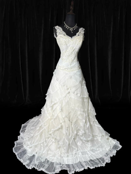Rustic Long Wedding Gowns 70s Unique Ball Gown V Neckline Bohemian Style for Bride With Lace Fitted Petite/Plus Size Bridal Gown AS046