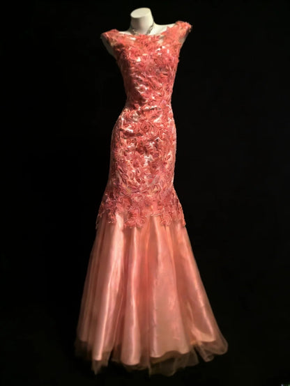 Sexy Mermaid Bateau Neck Coral Tulle Sleeveless For Women Long Prom Dresses Senior High School 21st Birthday Outfits AS046