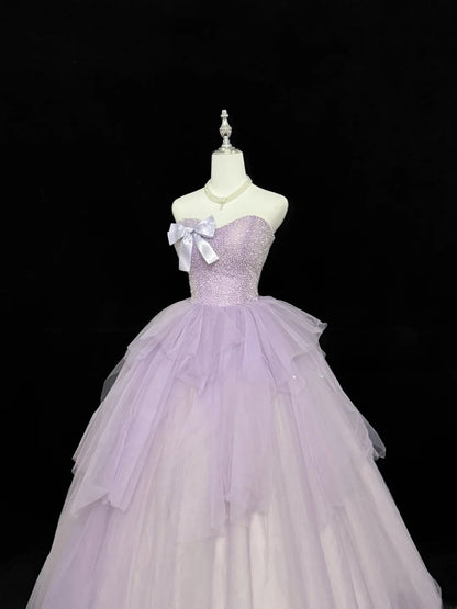 Sweet Ball Gown Sweetheart Lilac With Bow Beading Tulle Quince Dress Voluminous Sweet 16 Sweet Sixteen Outfits Vestido de RB7417