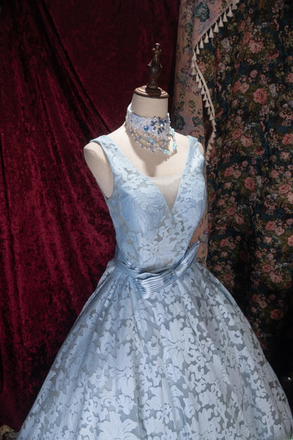 Fairytale Ball Gown V Neck Blue Lace With Bow Long Prom Dresses Formal Outfit Evening Night Dress RB8070