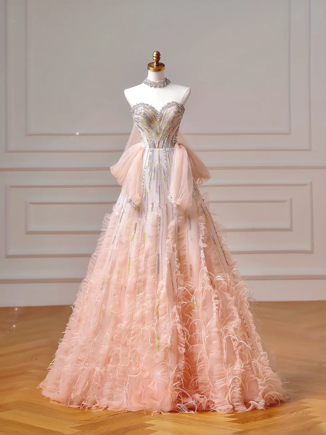 Sparkly Prom Dresses Aesthetic Ball Gown Sweetheart Ombre Pink With Beads Feathers Inspo Impress Long Party Formal Gown For Teenagers High Schools AQ046
