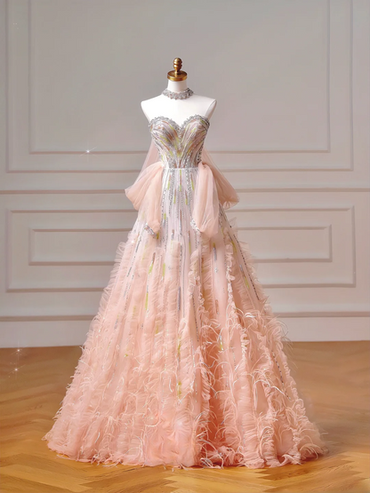 Sparkly Prom Dresses Aesthetic Ball Gown Sweetheart Ombre Pink With Beads Feathers Inspo Impress Long Party Formal Gown For Teenagers High Schools AQ046
