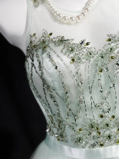 Elegant Prom Dresses A Line Scoop Neck Mint Green Tulle With Beading Evening Dress Formal Outfits RB5853