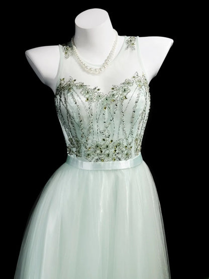 Elegant Prom Dresses A Line Scoop Neck Mint Green Tulle With Beading Evening Dress Formal Outfits RB5853