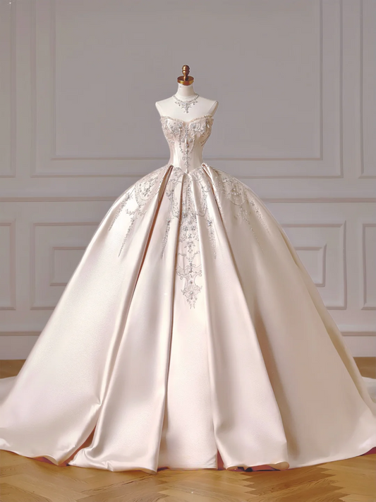 Princess Long Wedding Gowns Ball Gown Sweetheart Sleeveless Light Pink Satin For Bride With Beads Train Bridal Dresses AQ047