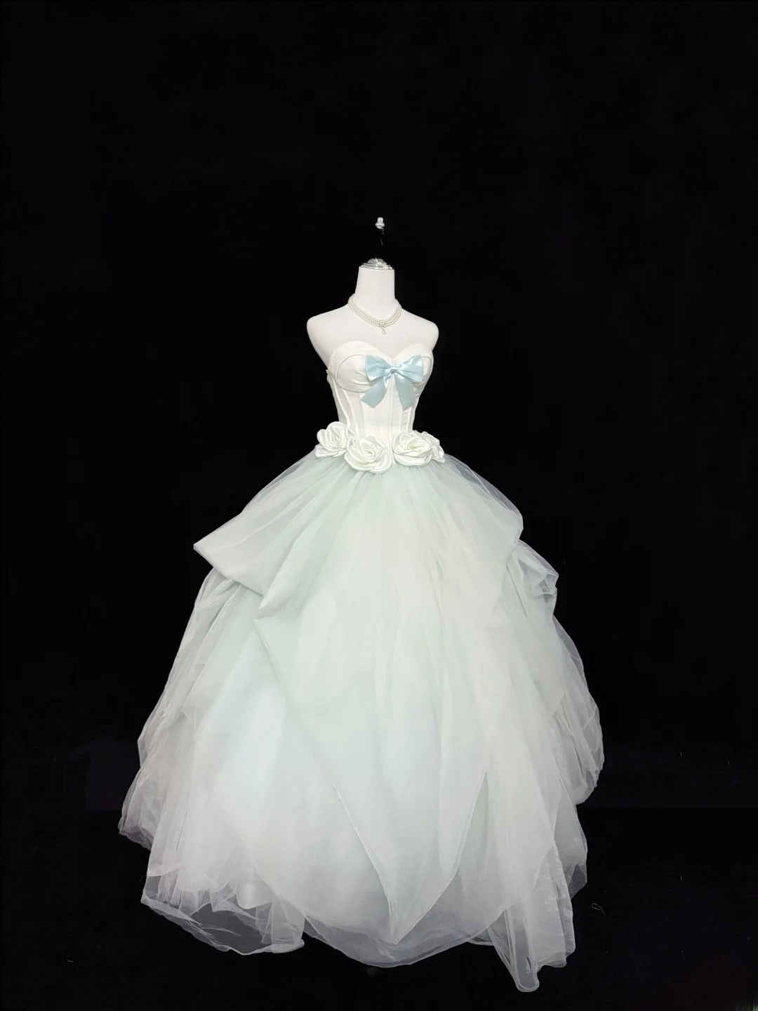 Sweet Ball Gown Sweetheart Mint Green With Bow Flowers Tulle Quince Dress Voluminous Sweet 16 Sweet Sixteen Outfits Vestido de RB7418