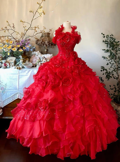Quinceanera Dress With Flowers Red Tulle Ball Gown Halter Sweet 15 15th Birthday Gown RB9038