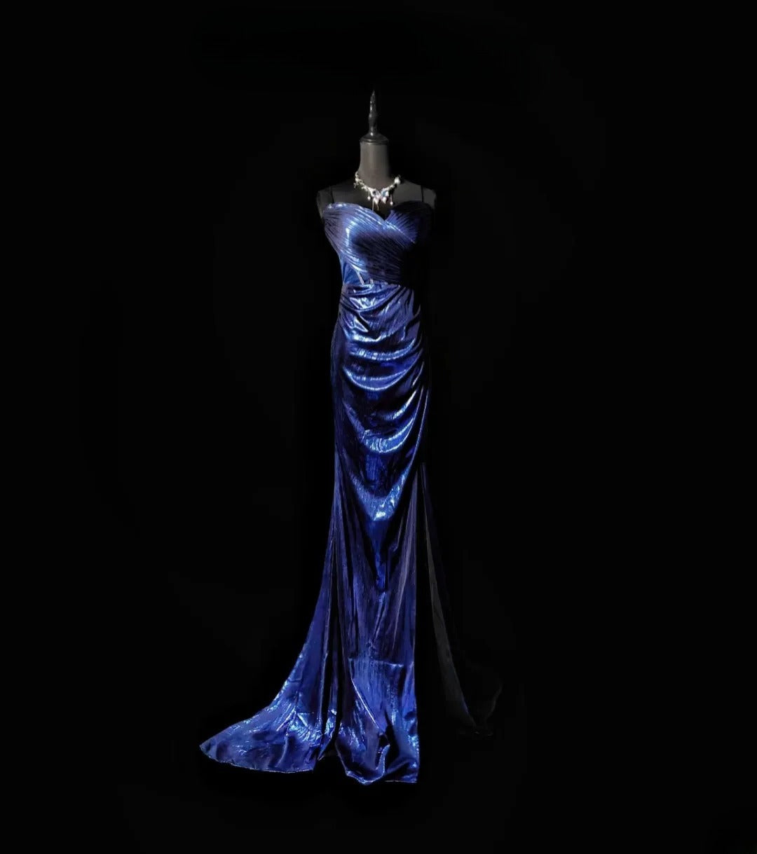 Vintage Mermaid Spaghetti Strap Royal Blue Long Prom Dress With Ruffled Formal Dress Party Dresses RB6939