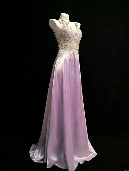 Simple A line Spaghetti Strap Lilac Satin With Lace For Women Long Prom Dress Birthday Gowns AS047