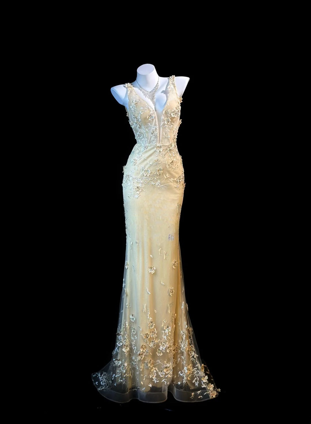 Elegant Prom Dresses Mermaid V  Neck Yellow Tulle With Beading Lace Evening Dress Formal Outfits RB5854