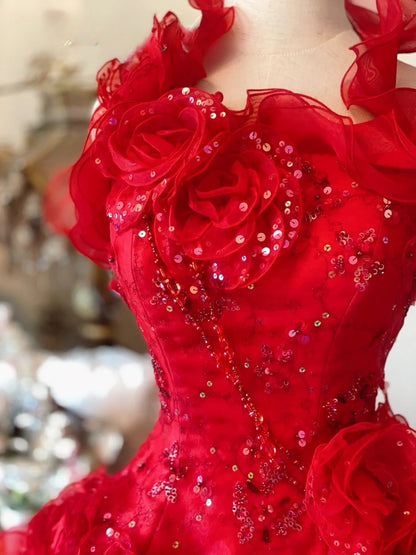 Quinceanera Dress With Flowers Red Tulle Ball Gown Halter Sweet 15 15th Birthday Gown RB9038