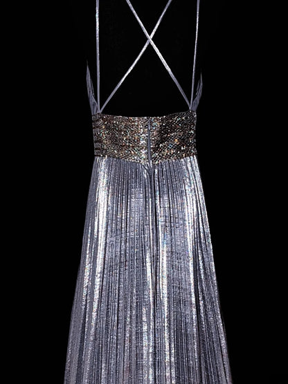 Modest A line Spaghetti Strap Gray Pleated Long Evening Dresses Inspo Senior Night Dance Prom Dress AS047