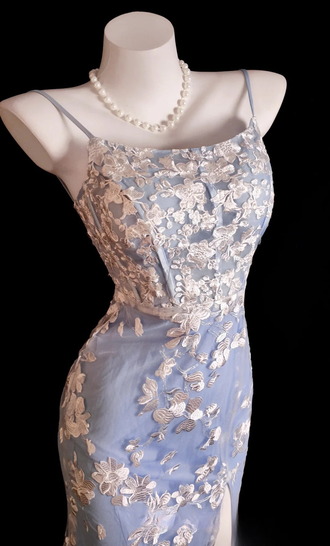Lace Prom Dress Inspo Mermaid Spaghetti Straps Light Sky Blue Tulle Modest With Slit Formal Party Gown RB9849