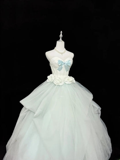 Sweet Ball Gown Sweetheart Mint Green With Bow Flowers Tulle Quince Dress Voluminous Sweet 16 Sweet Sixteen Outfits Vestido de RB7418
