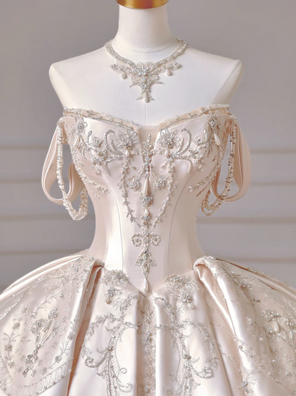 Princess Long Wedding Gowns Ball Gown Sweetheart Sleeveless Light Pink Satin For Bride With Beads Train Bridal Dresses AQ047