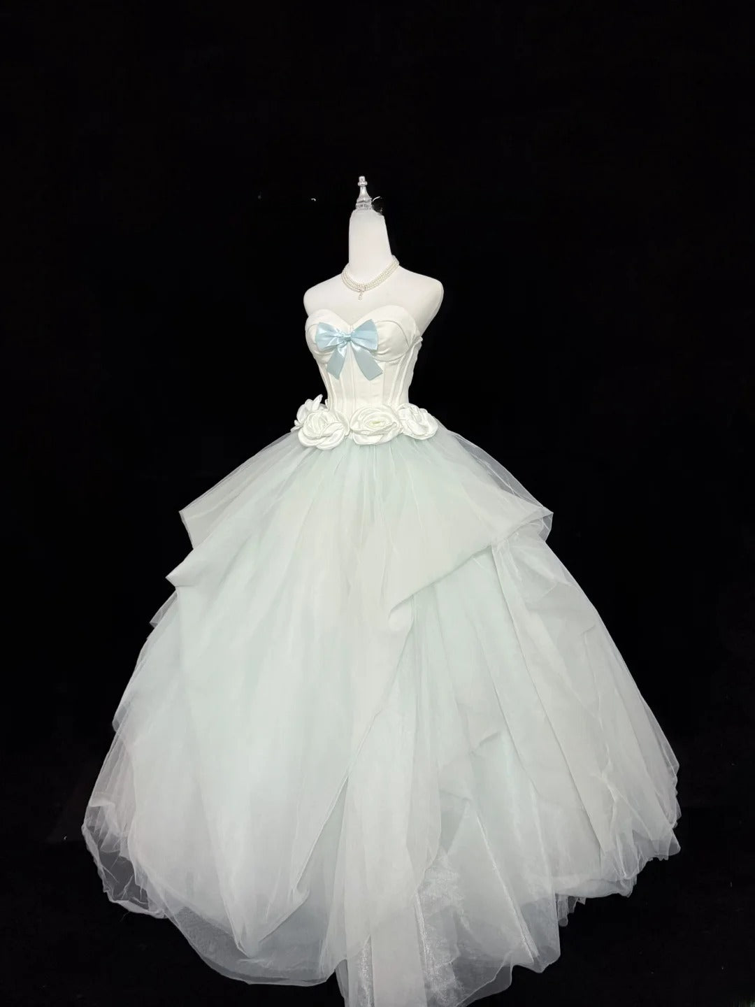 Sweet Ball Gown Sweetheart Mint Green With Bow Flowers Tulle Quince Dress Voluminous Sweet 16 Sweet Sixteen Outfits Vestido de RB7418