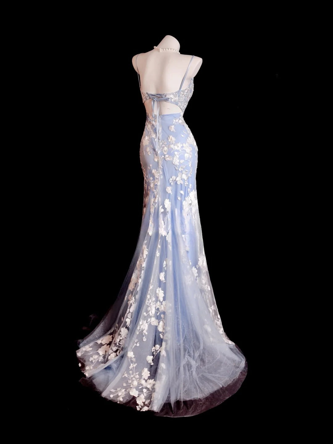 Lace Prom Dress Inspo Mermaid Spaghetti Straps Light Sky Blue Tulle Modest With Slit Formal Party Gown RB9849