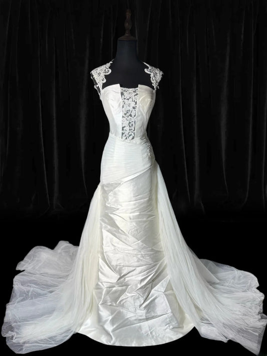 Vintage Mermaid Strapless Satin Tulle Wedding Gowns Bohemian Style for Bride With Lace Fitted Petite Plus Size Bridal Dress AS047