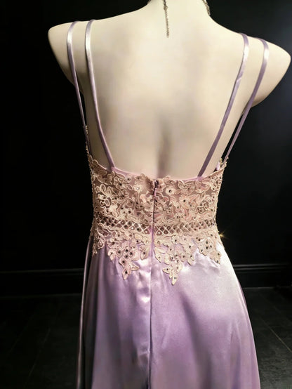 Simple A line Spaghetti Strap Lilac Satin With Lace For Women Long Prom Dress Birthday Gowns AS047