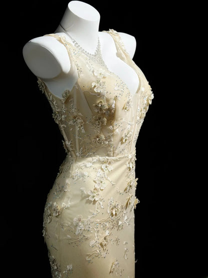 Elegant Prom Dresses Mermaid V  Neck Yellow Tulle With Beading Lace Evening Dress Formal Outfits RB5854