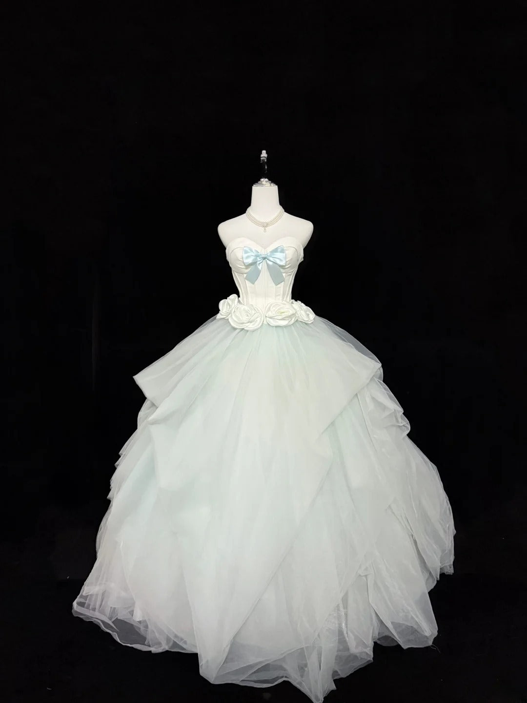 Sweet Ball Gown Sweetheart Mint Green With Bow Flowers Tulle Quince Dress Voluminous Sweet 16 Sweet Sixteen Outfits Vestido de RB7418