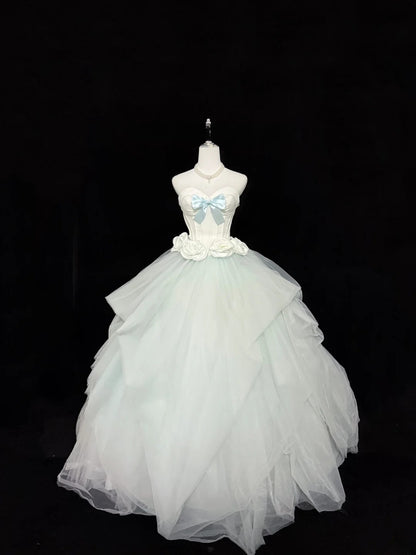 Sweet Ball Gown Sweetheart Mint Green With Bow Flowers Tulle Quince Dress Voluminous Sweet 16 Sweet Sixteen Outfits Vestido de RB7418