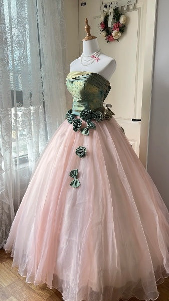 Princess Sweet 16 Dresses Long Strapless Pink With Flowers Ball Gown Sweet Sixteen Birthday Gown RC0416