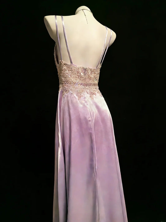 Simple A line Spaghetti Strap Lilac Satin With Lace For Women Long Prom Dress Birthday Gowns AS047