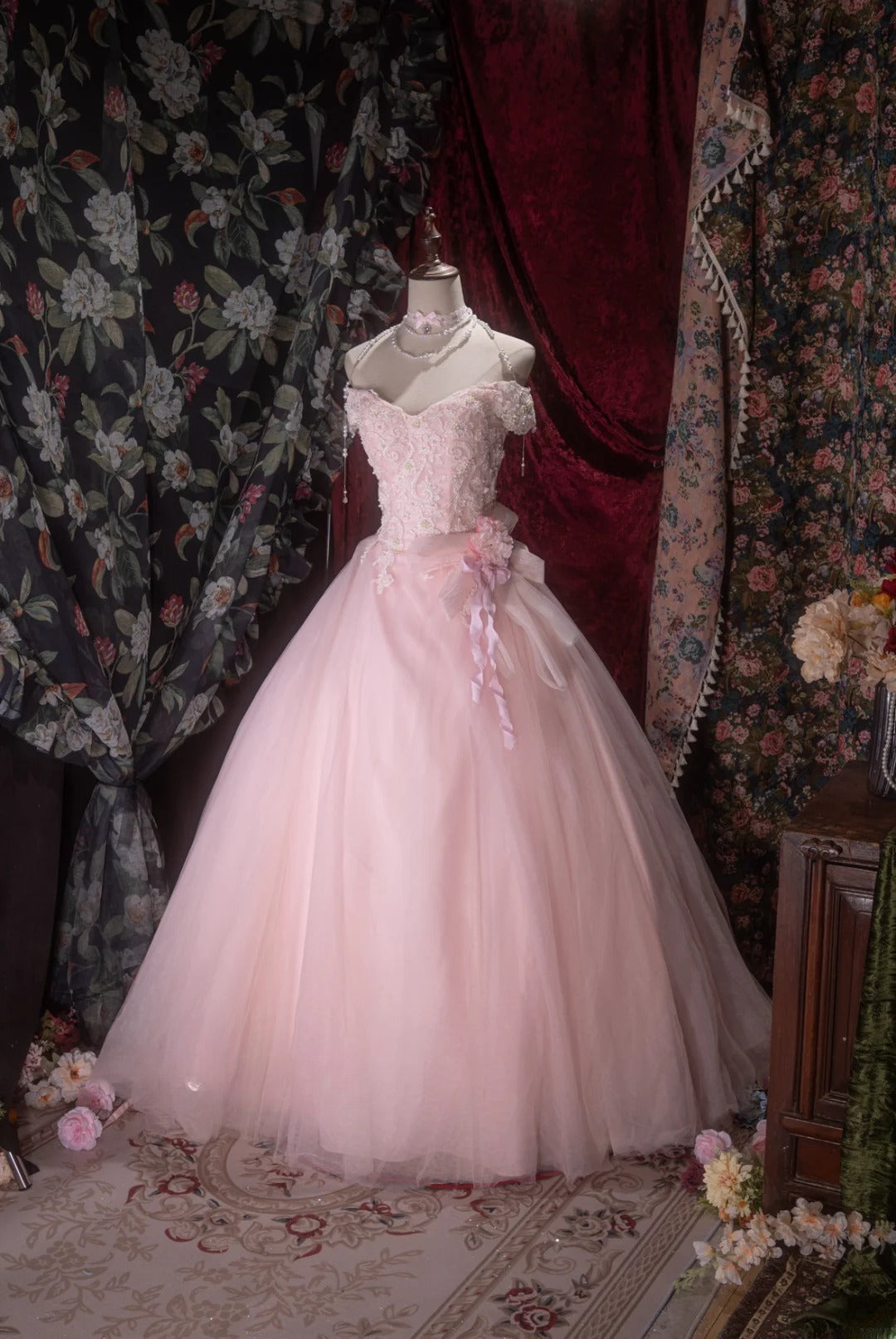 Charming Ball Gown Off The Shoulder Pink With Lace Tulle Long Quince Dress Quinceanera Dresses Formal Birthday Outfits RB8071