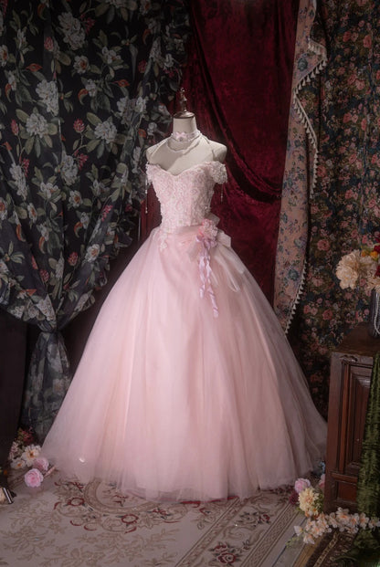 Charming Ball Gown Off The Shoulder Pink With Lace Tulle Long Quince Dress Quinceanera Dresses Formal Birthday Outfits RB8071