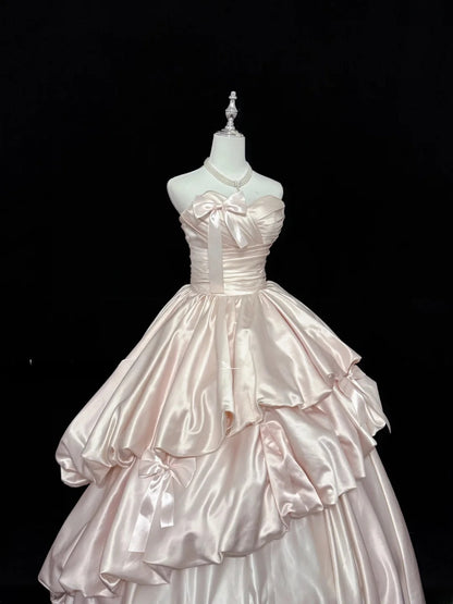 Sweet Ball Gown Sweetheart Pearl Pink Satin With Bow Quince Dress Voluminous Sweet 16 Sweet Sixteen Outfits Vestido de RB7419